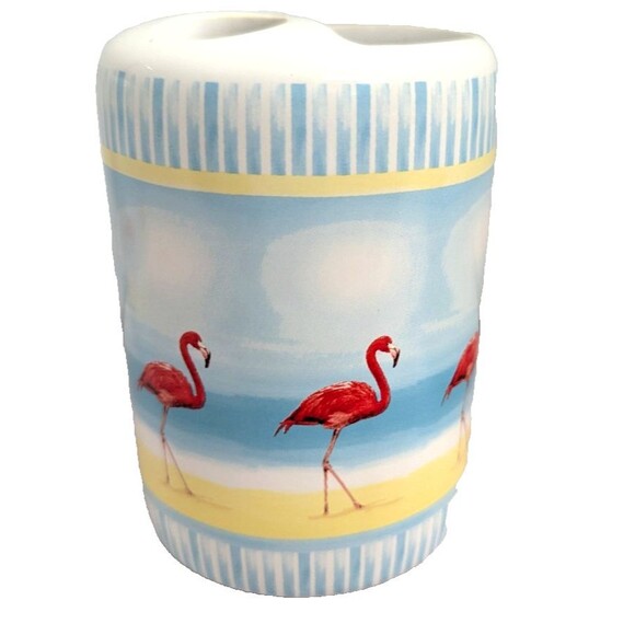 Flamingos On Beach Ceramic Bath Set Dispenser Toothbrush Holder Tumbler Gift NEW - Picture 7 of 7